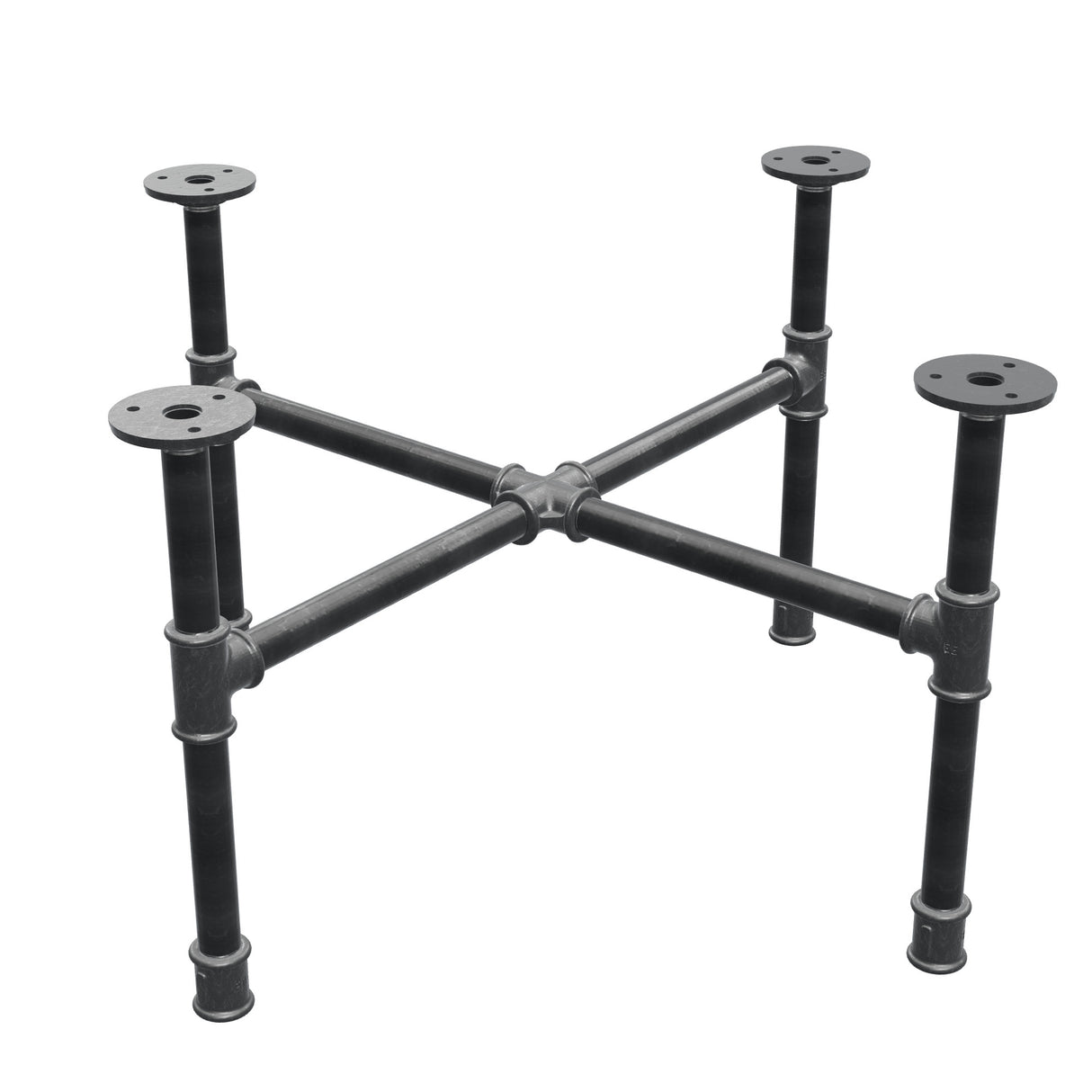 Piètement de table basse industrielle en fonte, pieds en croix, 58 × 58 cm, hauteur 32 cm, vue trois quarts