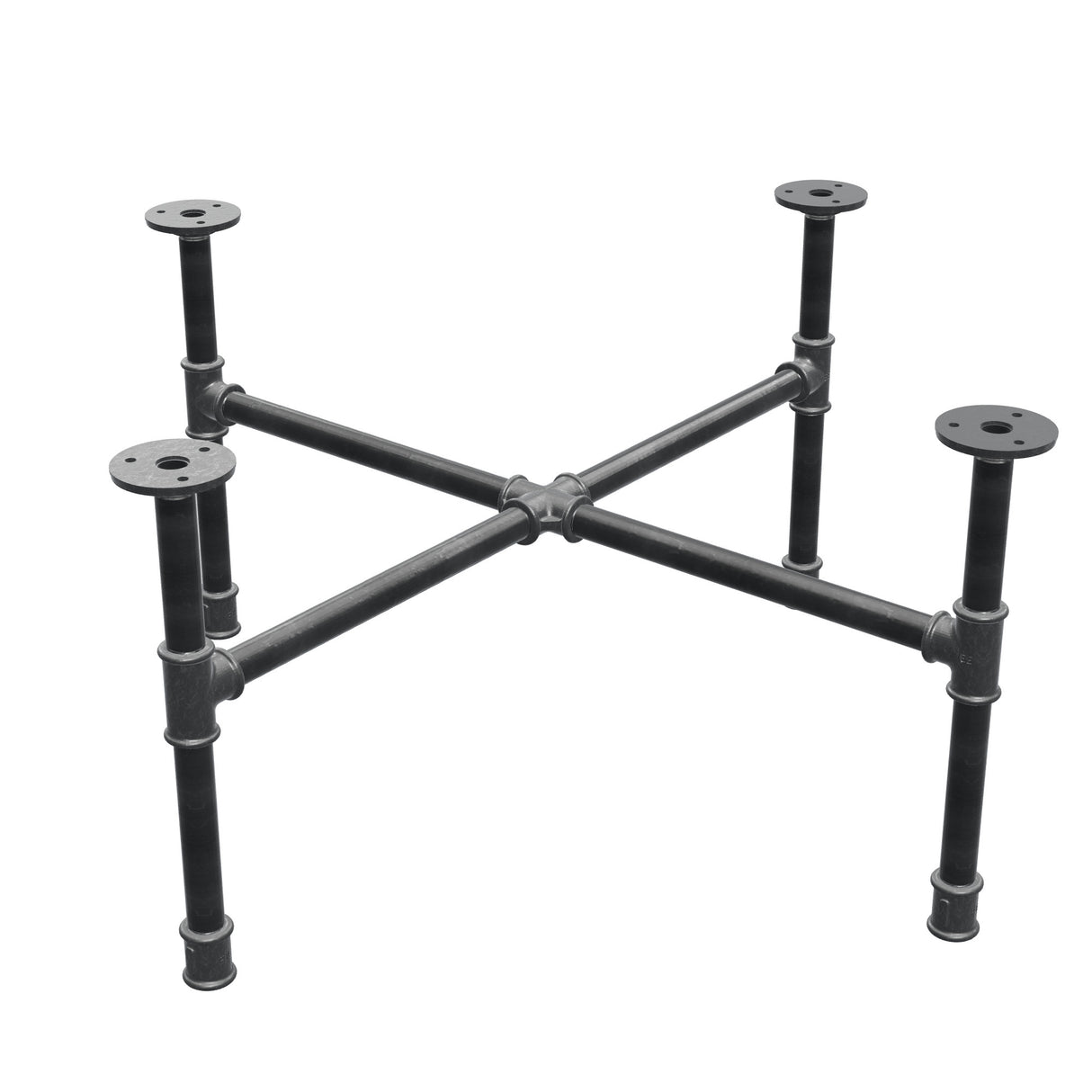 Piètement de table basse industrielle en fonte, pieds en croix, 68 × 68 cm, hauteur 32 cm, vue trois quarts