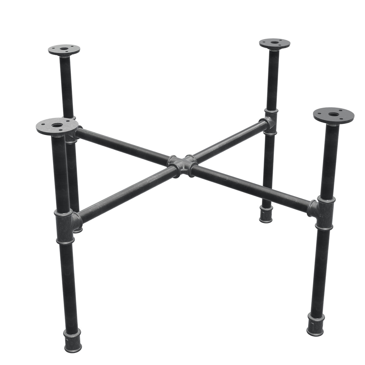 Piètement de table basse industrielle en fonte, pieds en croix, 68 × 68 cm, hauteur 42 cm, vue trois quarts