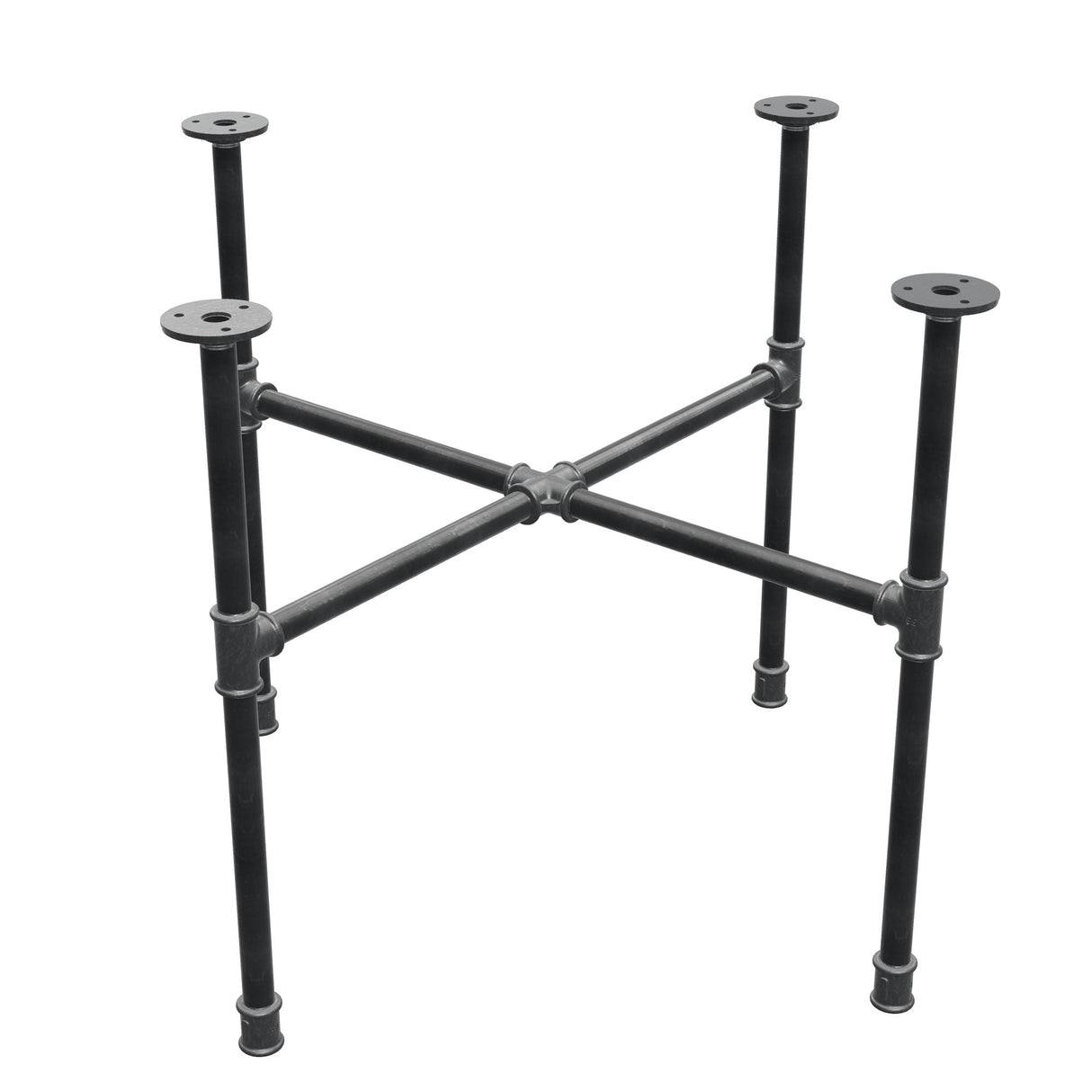 Piètement de table basse industrielle en fonte, pieds en croix, 68 × 68 cm, hauteur 52 cm, vue trois quarts