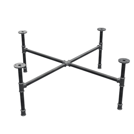 Piètement de table basse industrielle en fonte, pieds en croix, 88 × 88 cm, hauteur 32 cm, vue trois quarts