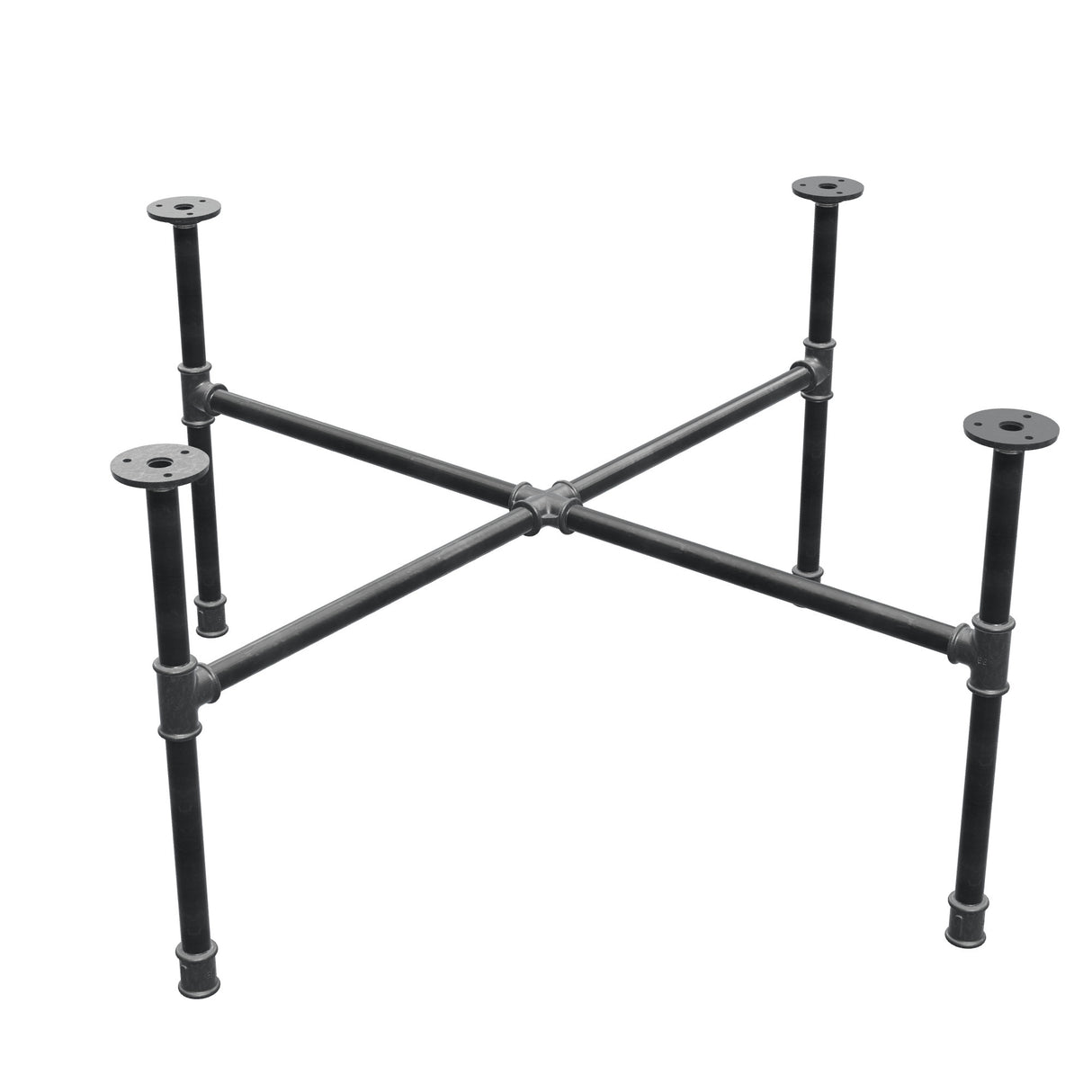 Piètement de table basse industrielle en fonte, pieds en croix, 88 × 88 cm, hauteur 42 cm, vue trois quarts