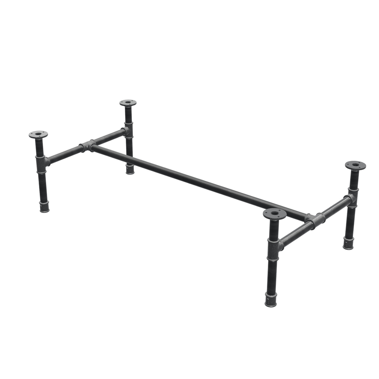 Piètement de table basse industrielle en fonte, structure en H, 111 × 55 cm, hauteur 32 cm, vue trois quarts