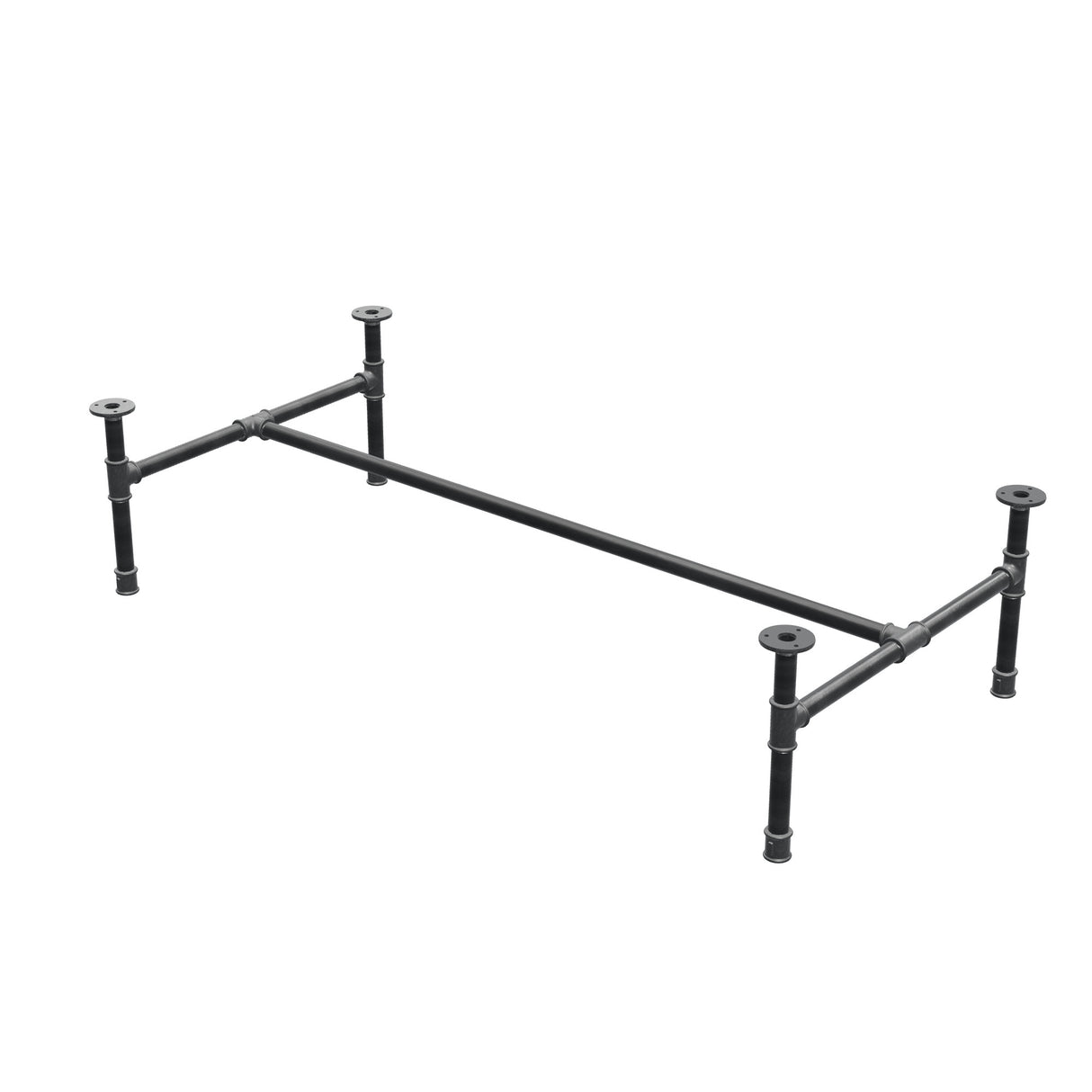 Piètement de table basse industrielle en fonte, structure en H, 131 × 65 cm, hauteur 32 cm, vue trois quarts