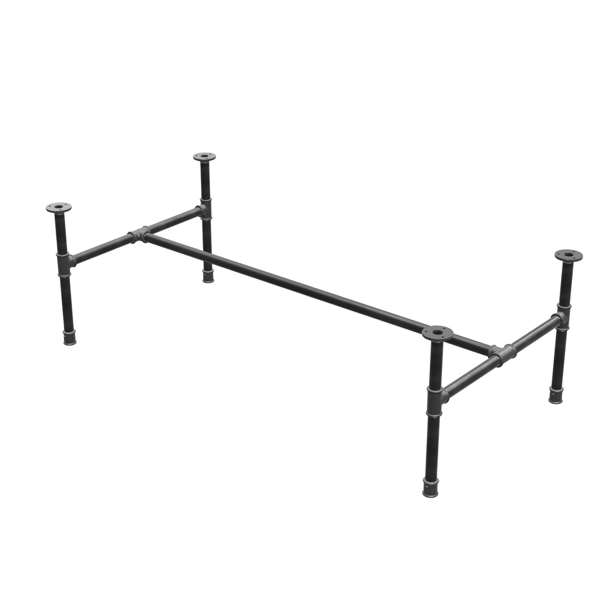 Piètement de table basse industrielle en fonte, structure en H, 131 × 65 cm, hauteur 42 cm, vue trois quarts