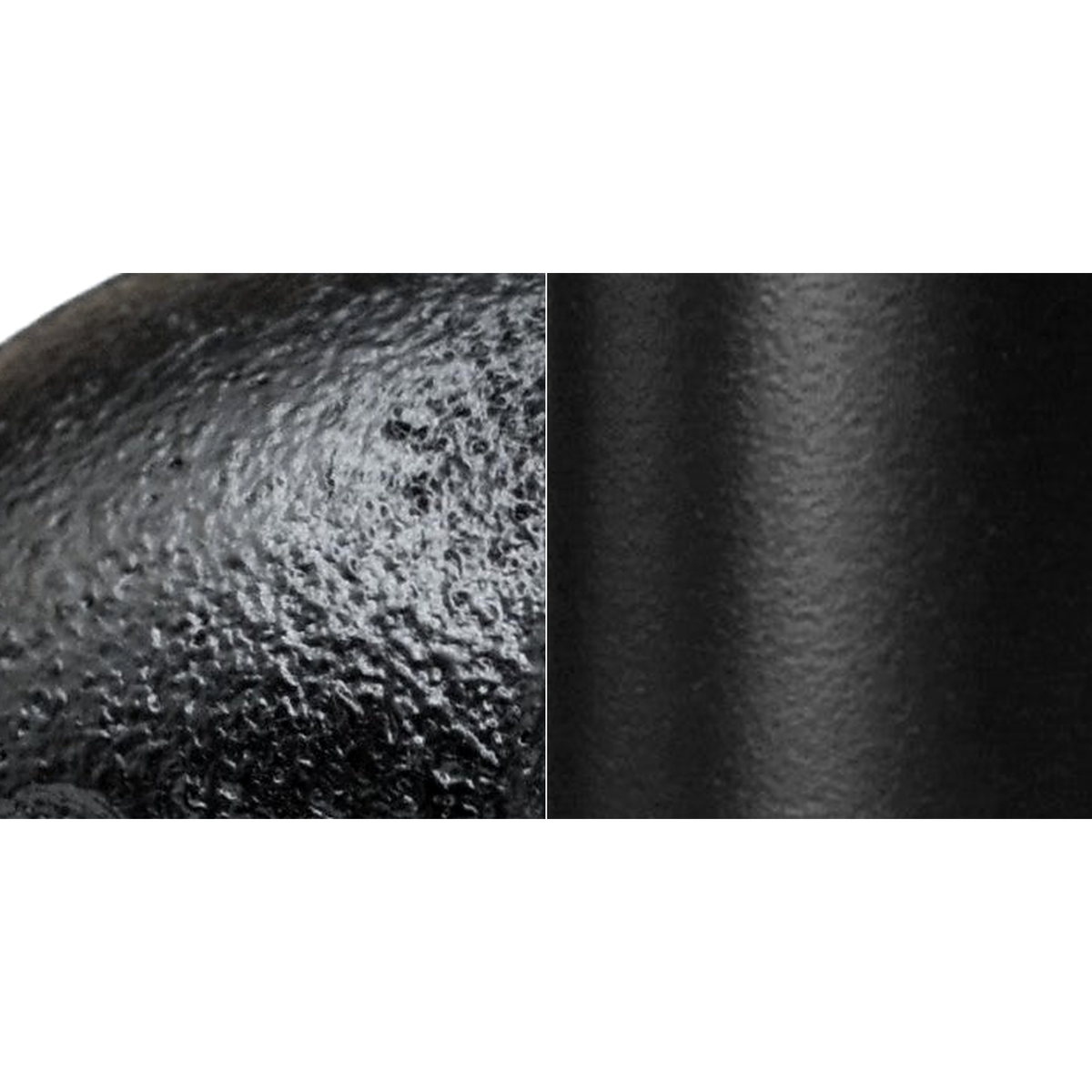 Peinture noire mate : grain du raccord en fonte à gauche, surface du tube acier à droite