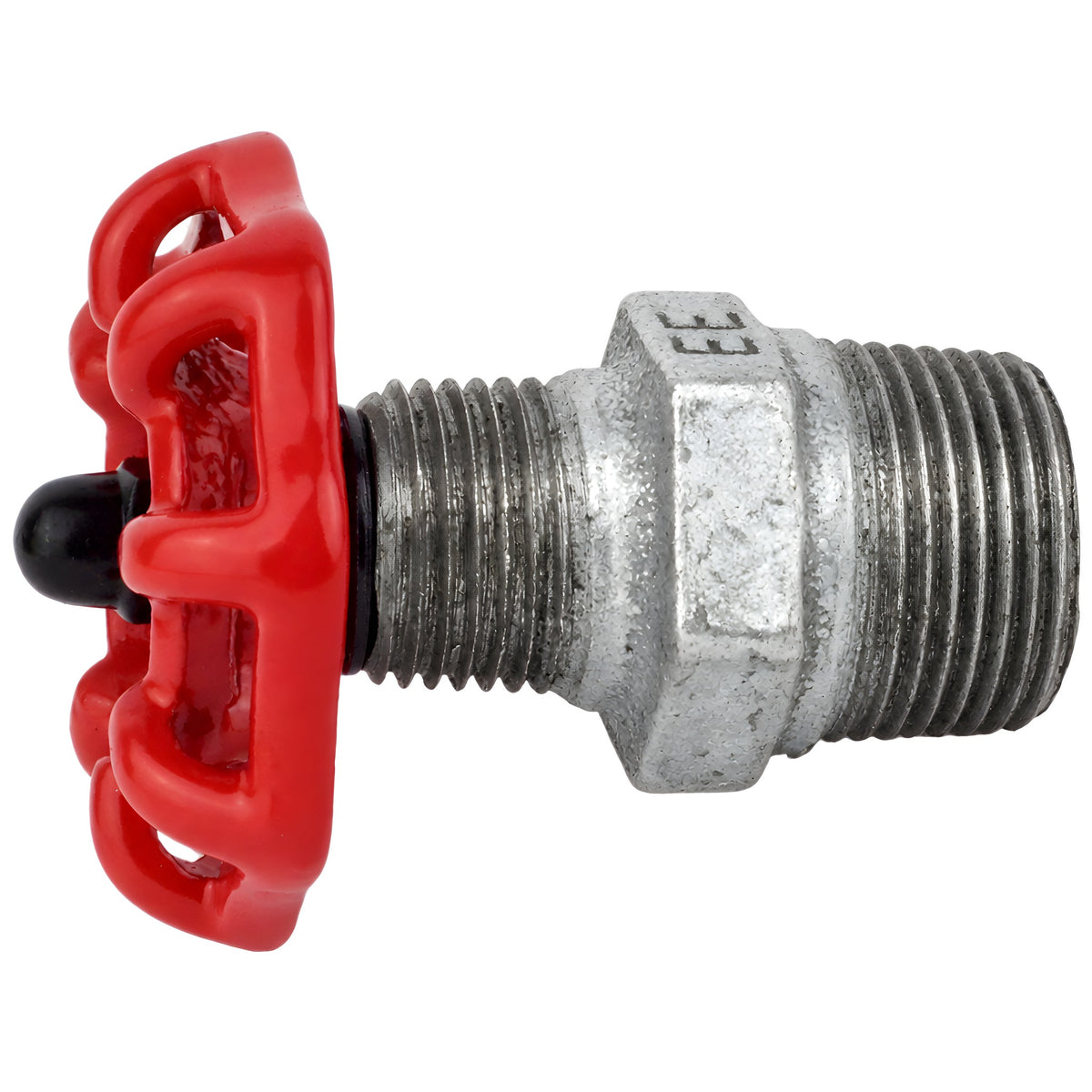 Volant rouge 52 mm sur mamelon, écrou noir, raccord en fonte galvanisée