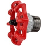 Volant rouge 72 mm sur demi-mamelon, écrou noir, raccord en fonte galvanisée